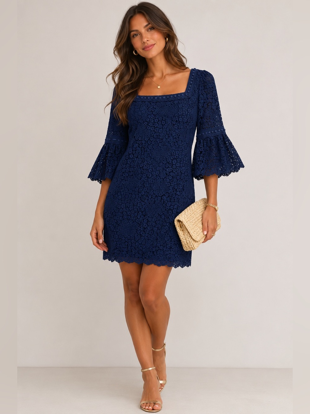 Trina Turk Navy Blue Lace Bell Sleeve Shift Dress – Size 6